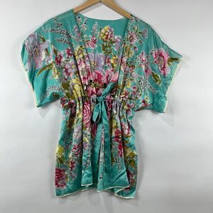 Cottagecore Floral Kimono Blouse Tie Waist Flowy Boho Top Free Size (Fits S–M)